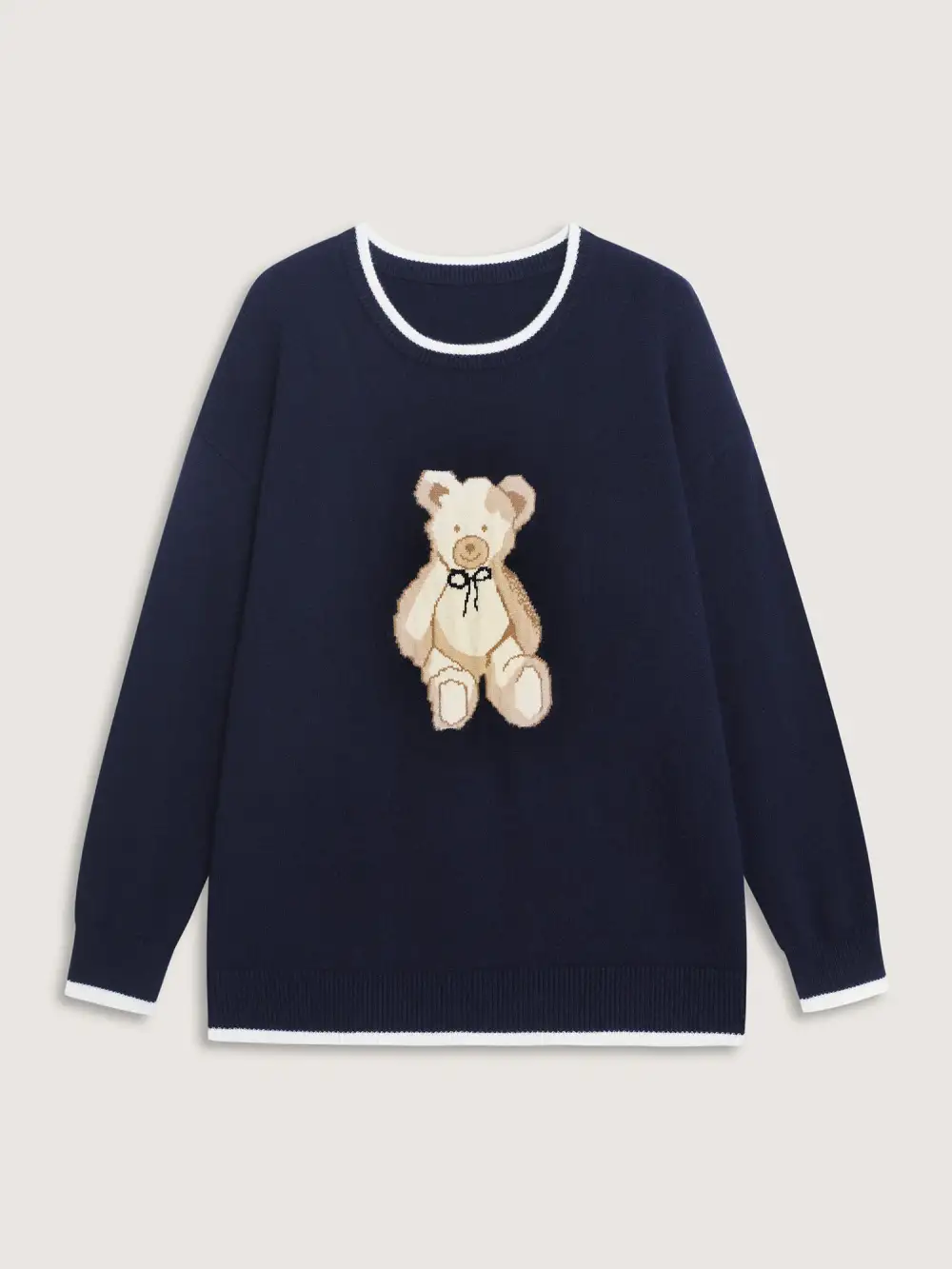 Bear Motif Jacquard Color Contrast Pullover