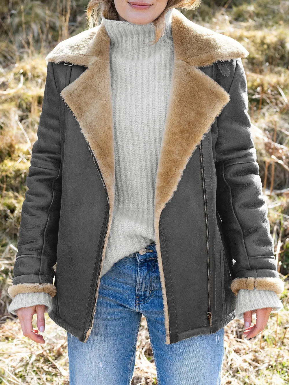 Boyfriend Aviator Sheepskin Jacket, Antique/Camel