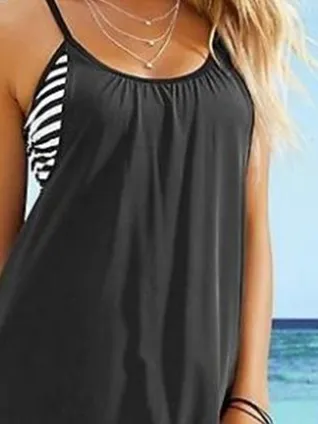 Printing Casual Scoop Neck Striped Tankini