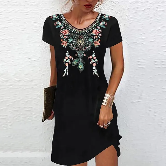 Women's Casual Dress Ethnic Dress Shift Dress Mini Dress Black White Light Green Short Sleeve Floral Print Spring Summer Crew Neck Basic Daily Vacation Loose Fit 2023 S M L XL XXL