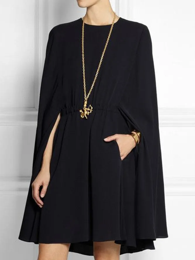 Cape-Style Solid Color Round-Neck Mini Dresses