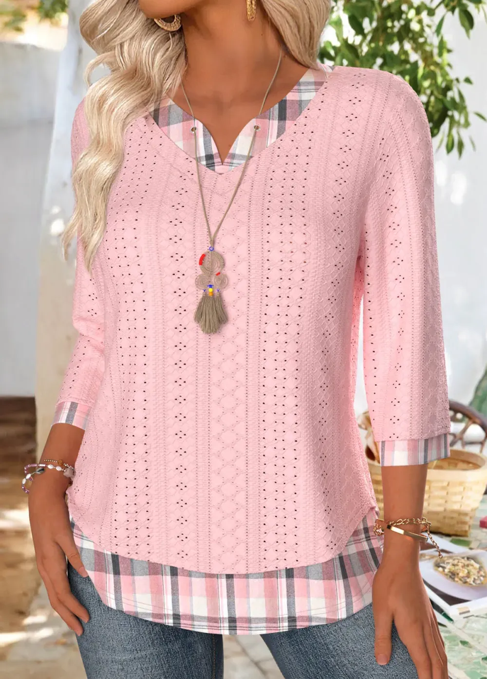 Light Pink Plaid 3/4 Sleeve Split Neck T Shirt