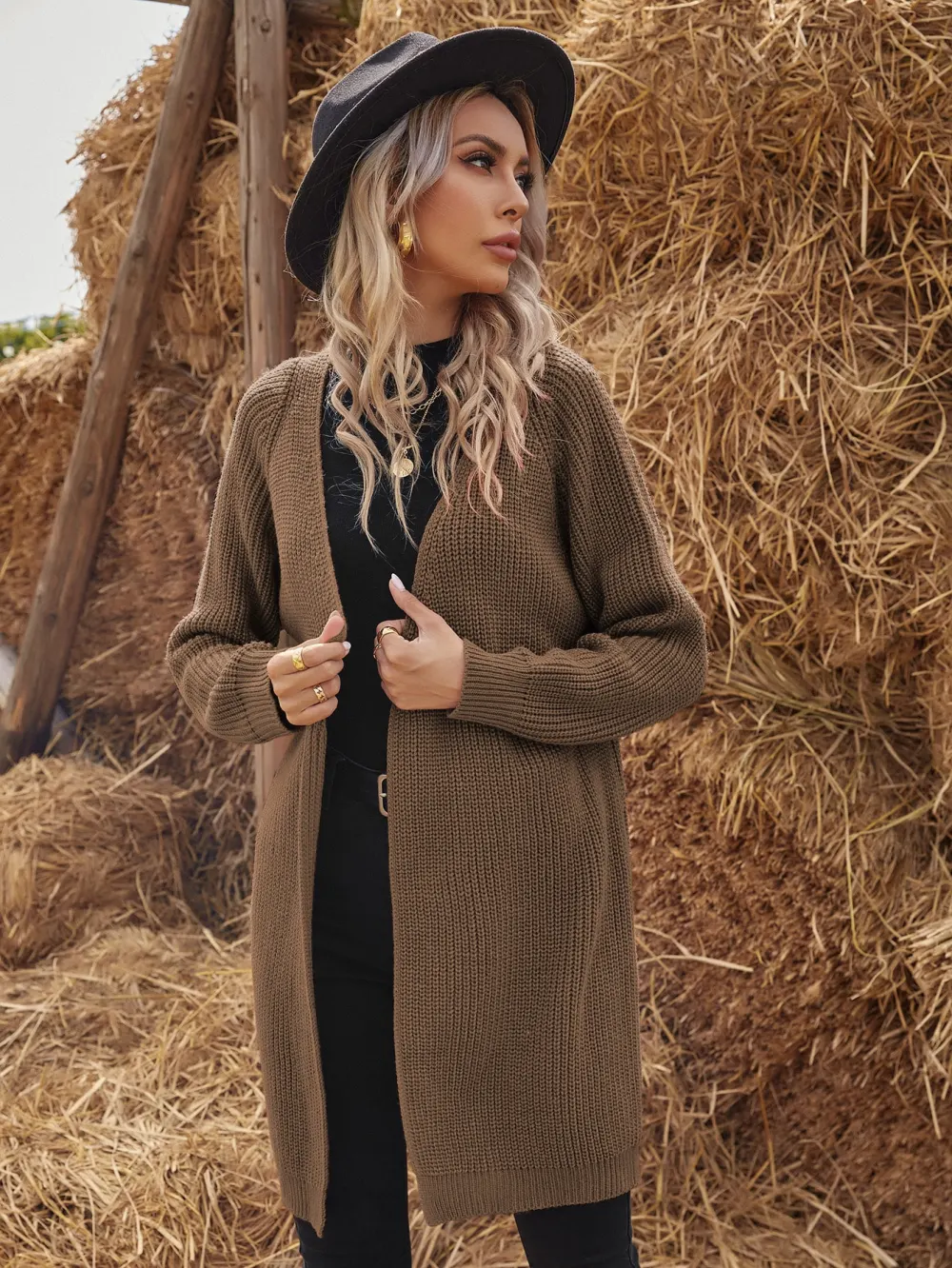 Solid Raglan Sleeve Open Front Cardigan