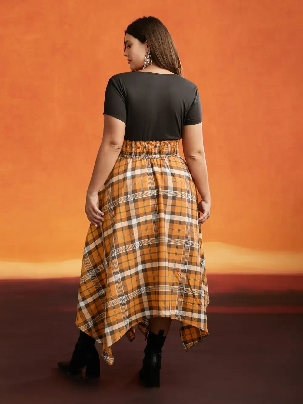 Elastic Plaid Asymmetrical Hem Dress