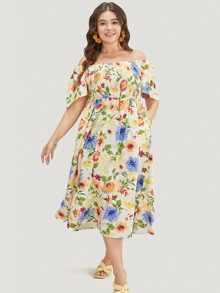 Floral Backless Shirred Square Neck Pocket Ruffle Hem Dress