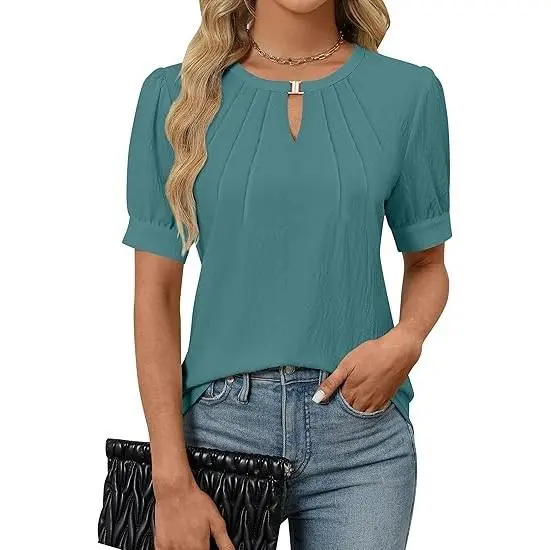 Women's Dressy Keyhole Blouse – Puff Sleeve Pleated Top for Work or Casual Wear