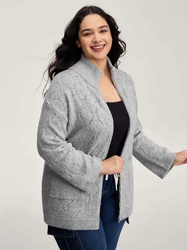 Textured Flared Sleeve Zipper Knit Cardigan