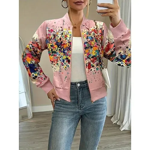 Women's Casual Jacket Comfortable Zipper Fashion Daily Modern Floral School Outdoor Vacation Home Regular Baseball Collar Regular Fit Long Sleeve Outerwear White Spring Fall