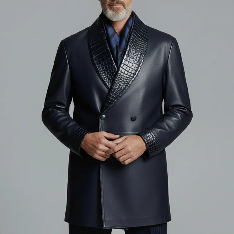 Men's Navy Blue PU Leather Crocodile Shawl Lapel Double Breasted Long Sleeve Overcoat
