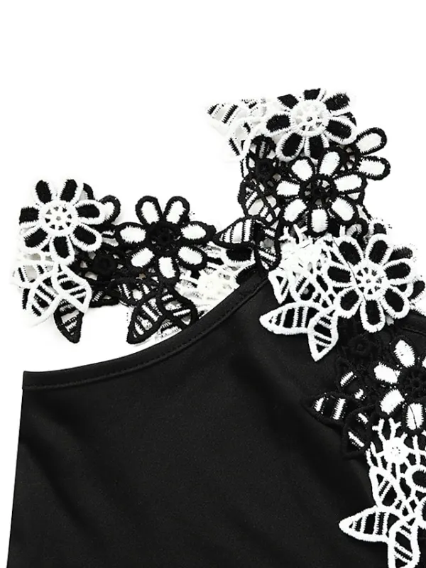 Women's Black Dress Summer Dress Contrast Lace Strap Mini Dress Cold Shoulder Daily Date Sleeveless Summer Spring