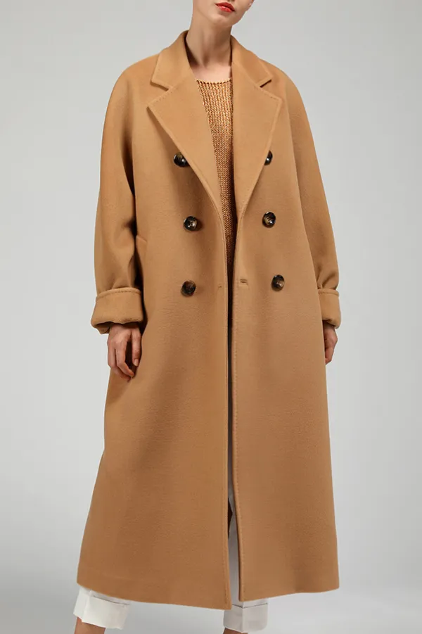 Solid double breasted cashmere lapel coat