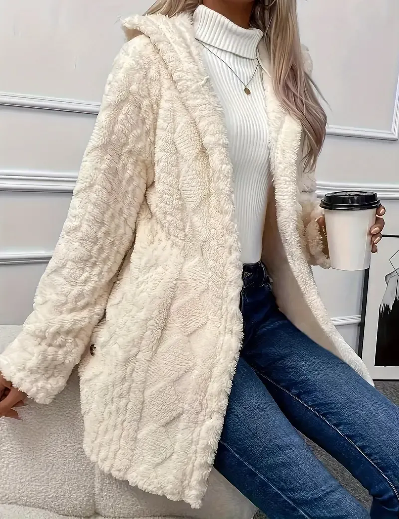Luxurious Faux Fur Teddy Coat - Elegant Long Sleeve Split Side Hooded Outwear for Women - Soft, Warm, and Chic Winter Clothing