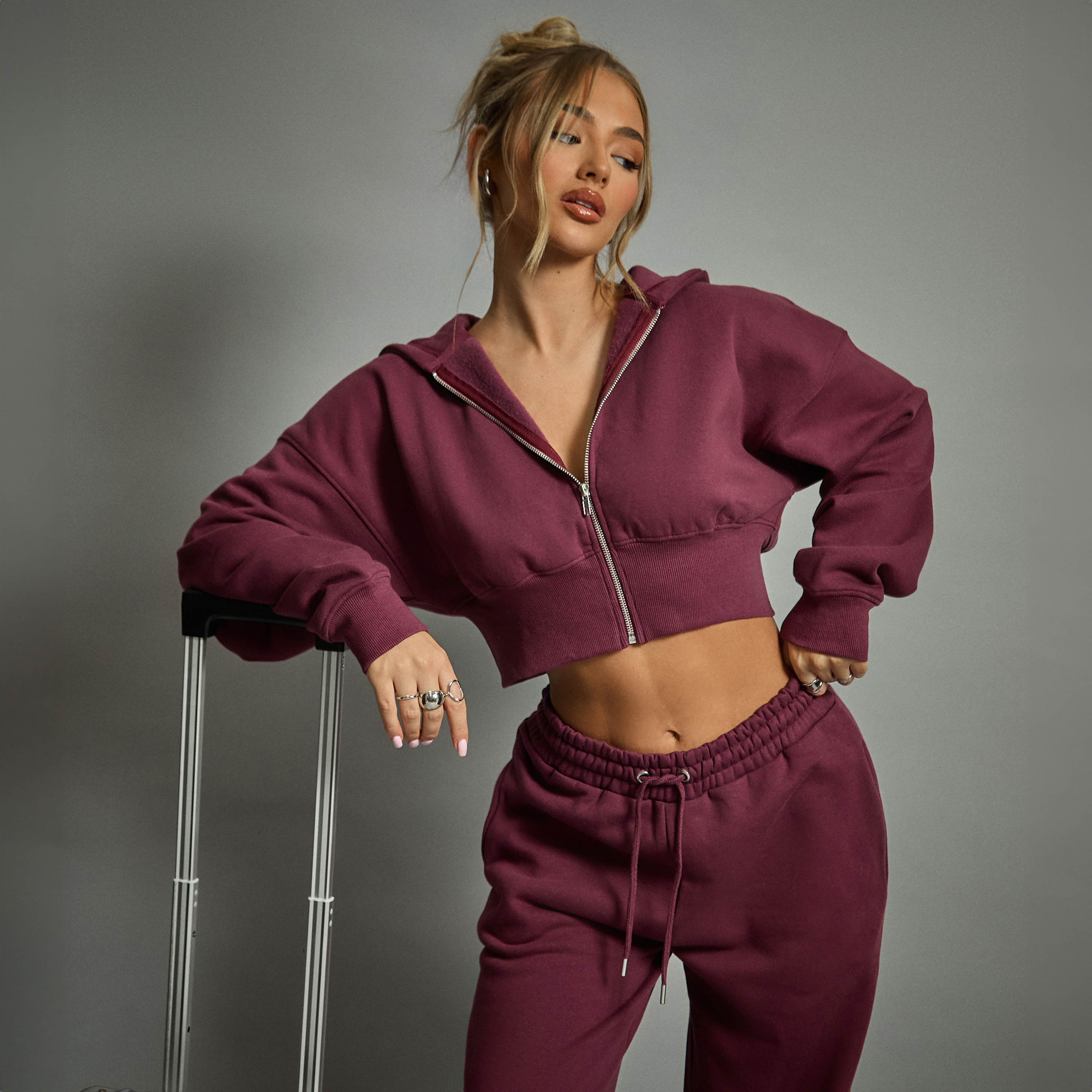 Zip Through Cropped Hoodie In Plum
