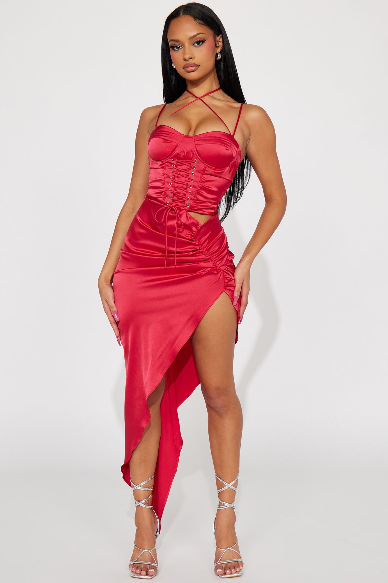 Lace Up Satin Maxi Dress - Red