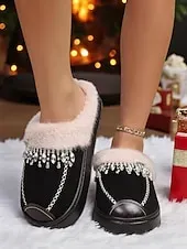 Women's Faux Fur Lined Rhinestone Slippers, Warm Plush Non-Slip Indoor Shoes, Elegant Winter House Footwear for Holiday Comfort