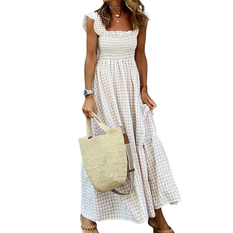 Women's Retro Plaid Smocked Flounce Maxi Dress – Spaghetti Strap