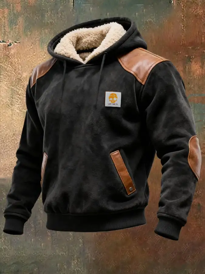 Men's Vintage Suede and Leather Paneled Hooded Sweatshirt