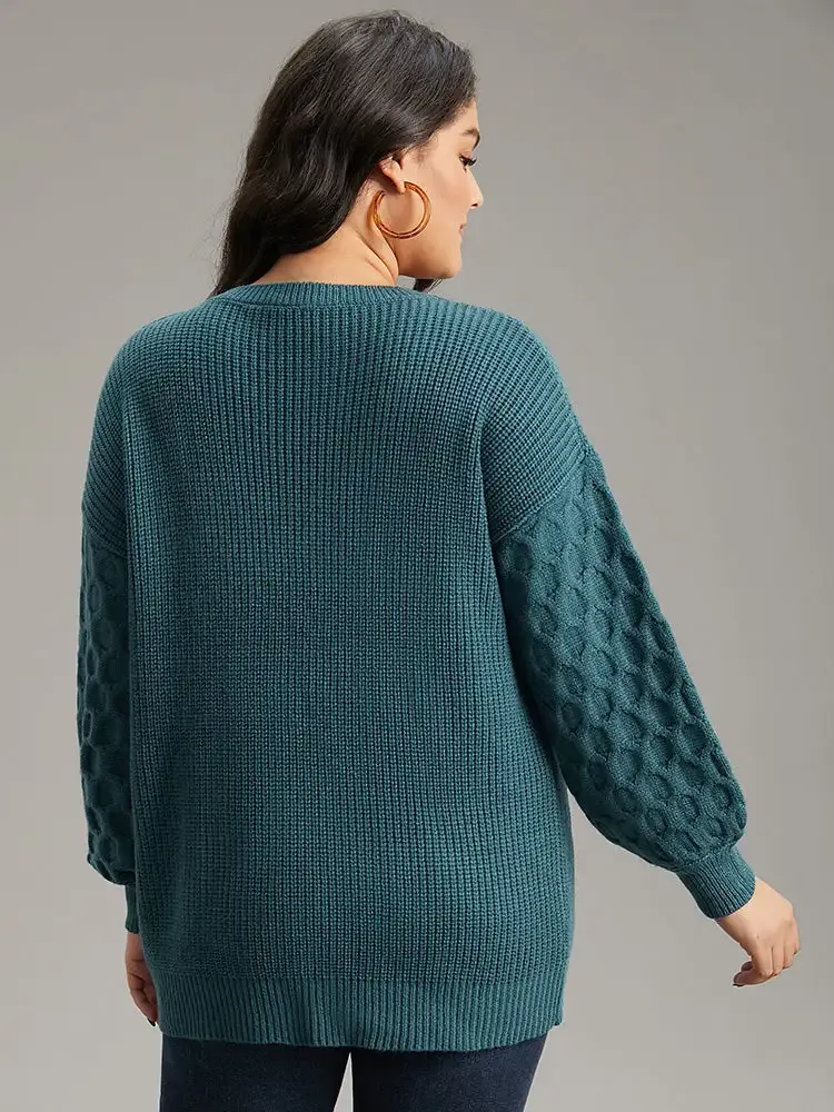Solid Cable Knit V Neck Drop Shoulder Pullover