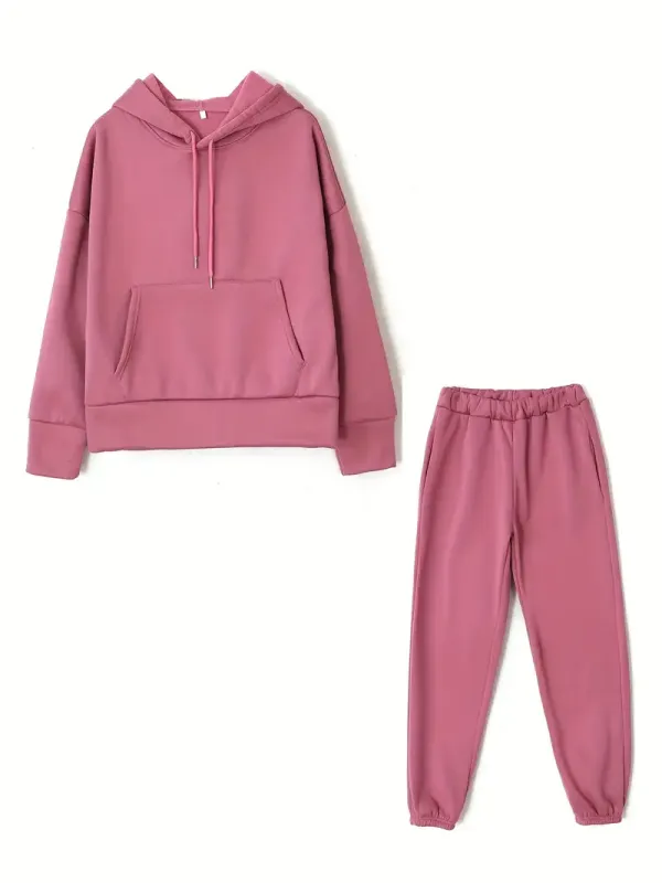 2PCS Oversized Athleisure Set: Solid Hooded Pocket Drawstring Sweatshirts & Sweatpants Sets for Women, Plus Size Comfortable Clothing