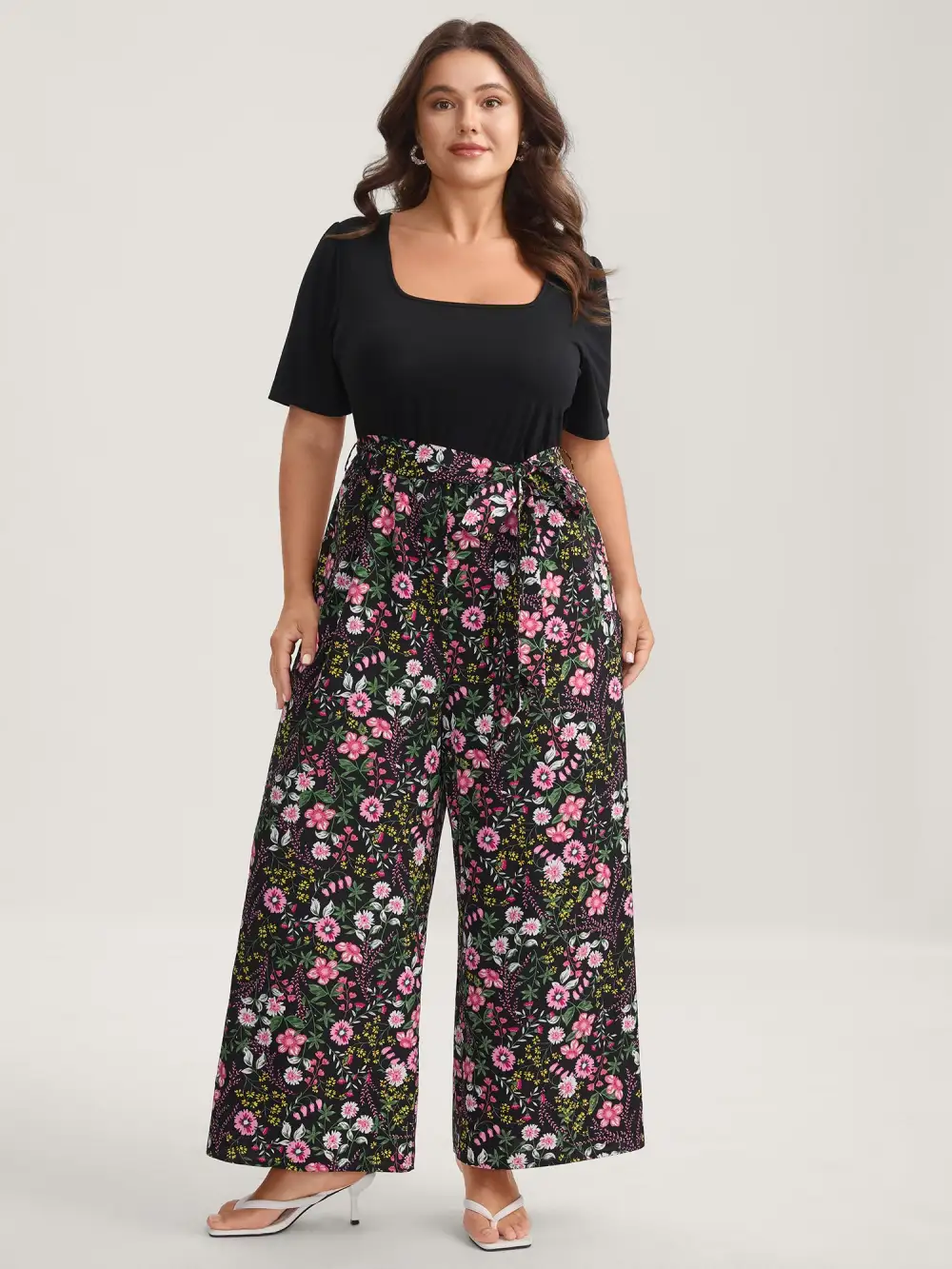 Color Contrast Belted Panel Pockets Jumpsuit