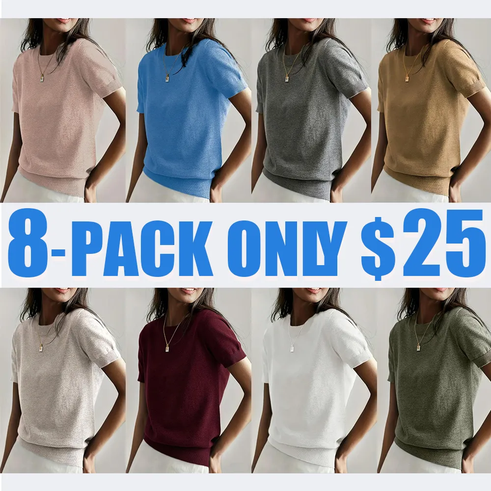 Women's Solid Crew Neck Short Sleeve Sweater – Casual Knit Pullover for Spring & Fall