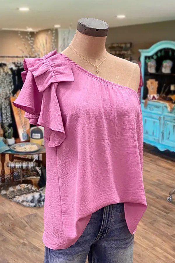Solid Oblique Shoulder Ruffle Sleeve Top