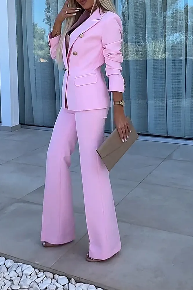 Women's solid color slim fit jacket&pants two-piece set