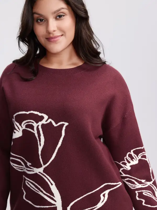 Rose Pattern Jacquard Round Neck Pullover