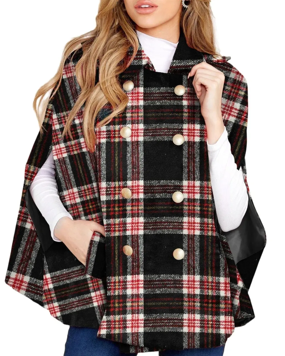 Women's Plaid Double Breasted Winter Cape Turn Down Poncho Coats(Buy 2 Free Shipping)