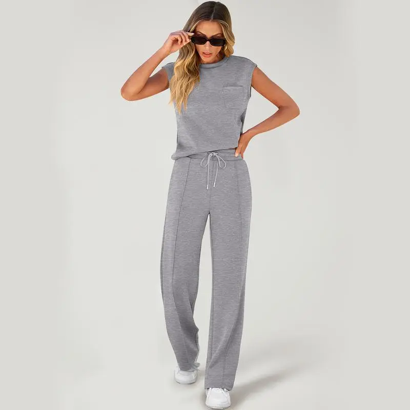 Women's Summer 2 Piece Outfits Casual Sleeveless Sweatsuits Matching Wide Leg Tracksuits Lounge Sets