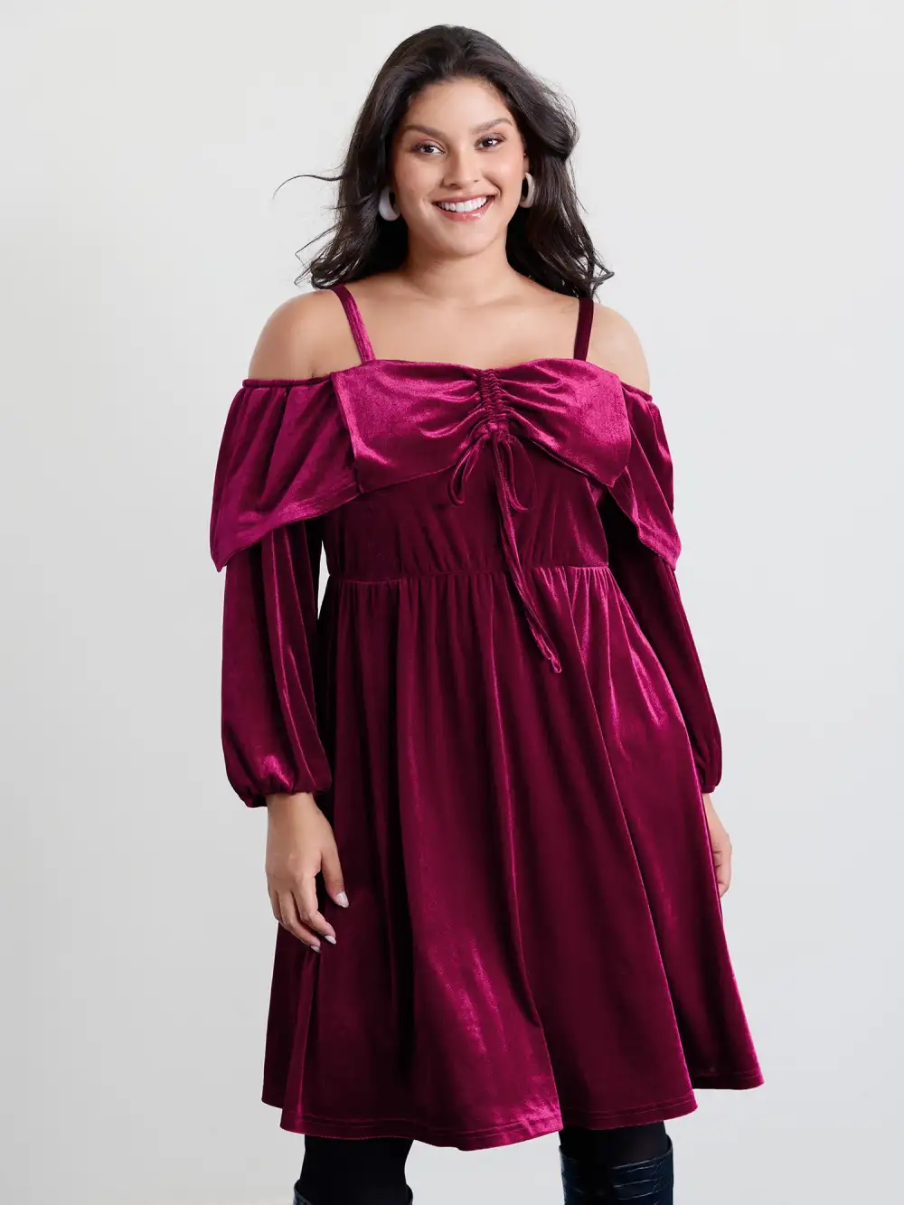 Velvet Off-Shoulder Bow Pockets Midi Dress
