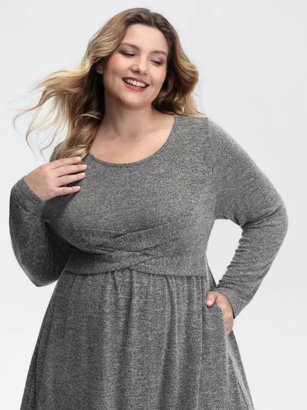 Crossover Waist-Defining Round Neck Midi Dress