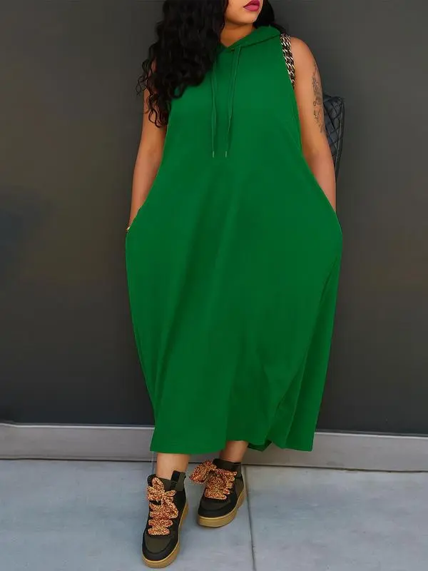 Women's Hooded Tank Maxi Dress – Sleeveless, Drawstring Waist, Pockets, Casual Summer Style