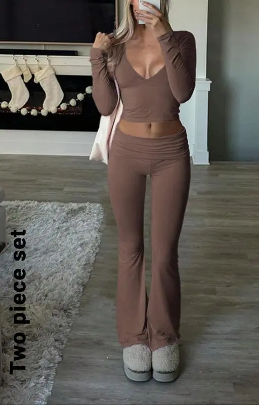Fall/Winter Elegant 2-Piece Set: Slim-Fit V-Neck Long Sleeve Crop Top & Plain Pants