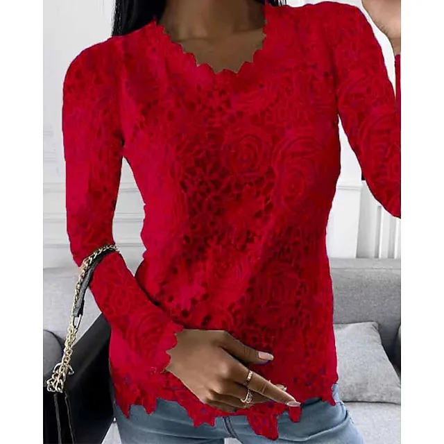 Women's Shirt Blouse White Eyelet Tops Black White Pink Plain Lace Long Sleeve Work Streetwear Casual Round Neck Regular Floral S