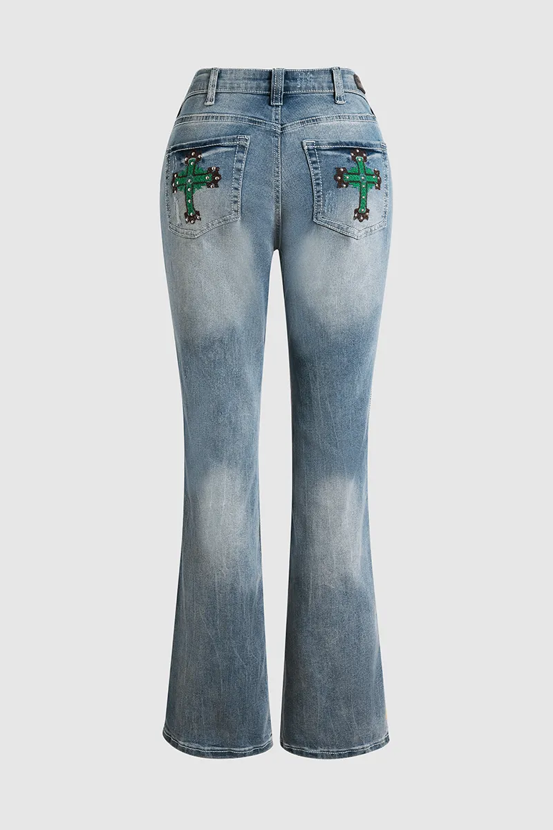 Cross Embroidery Studded Ripped Bootcut Jeans