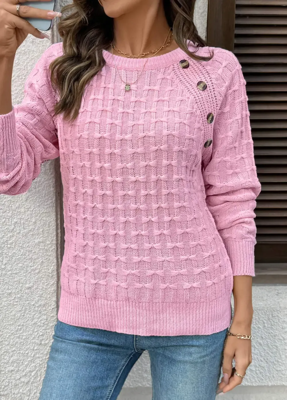 Pink Button Long Sleeve Round Neck Sweater