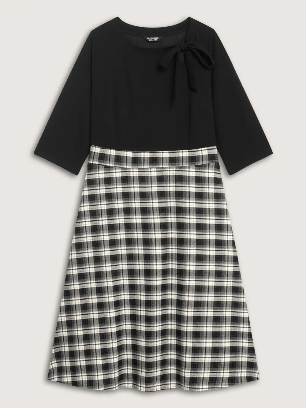 Checkered Print Bow Tie Contrast Midi Dress