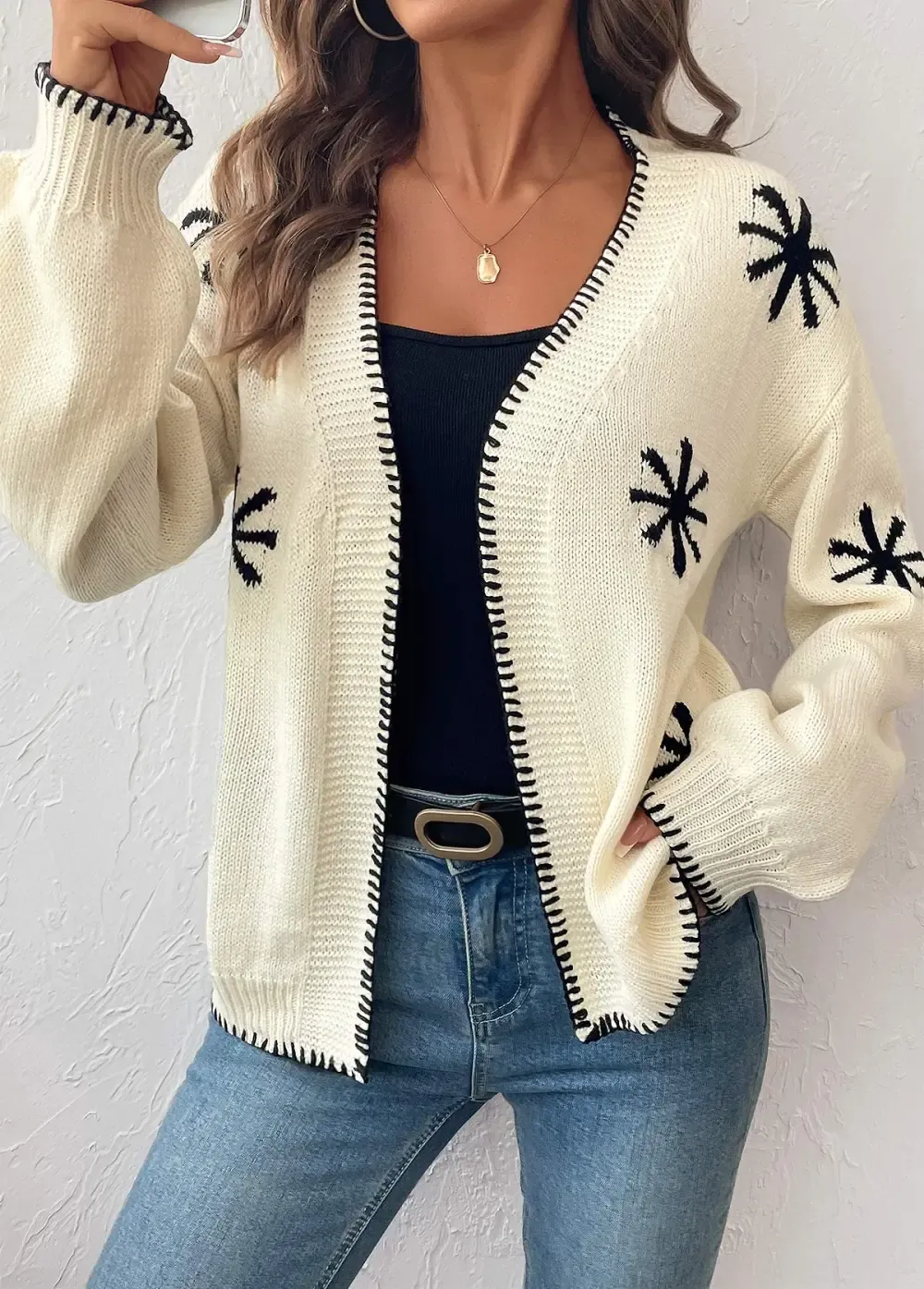 Beige Geometric Print Long Sleeve Cardigan