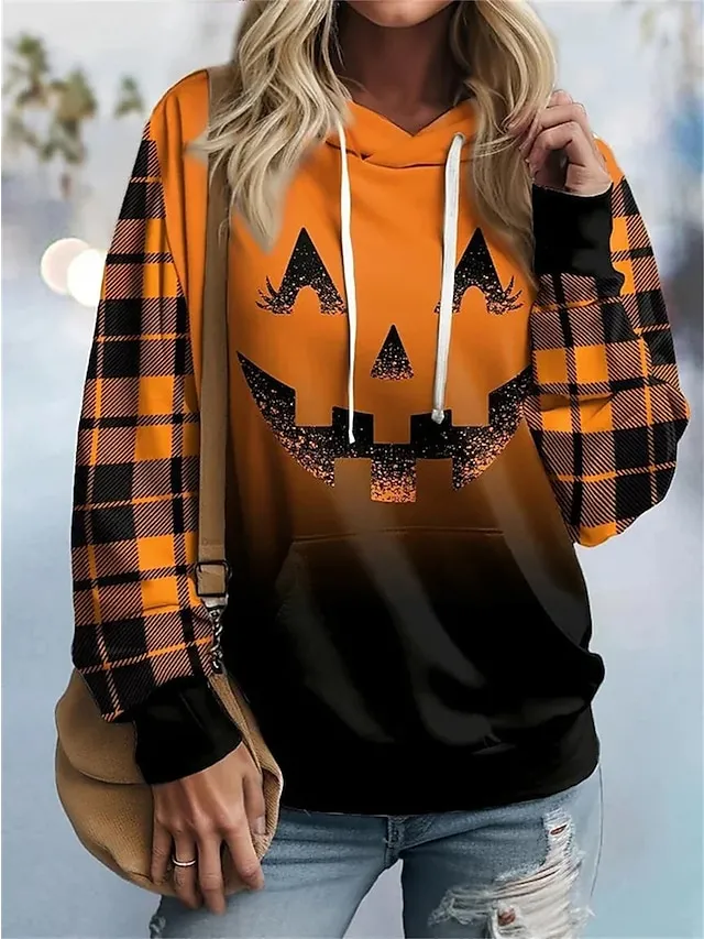 Women's Halloween Sweatshirt Pullover Active Sports Drawstring Front Pocket Orange Plaid Pumpkin Halloween Casual Hoodie Long Sleeve Top Micro-elastic Fall & Winter