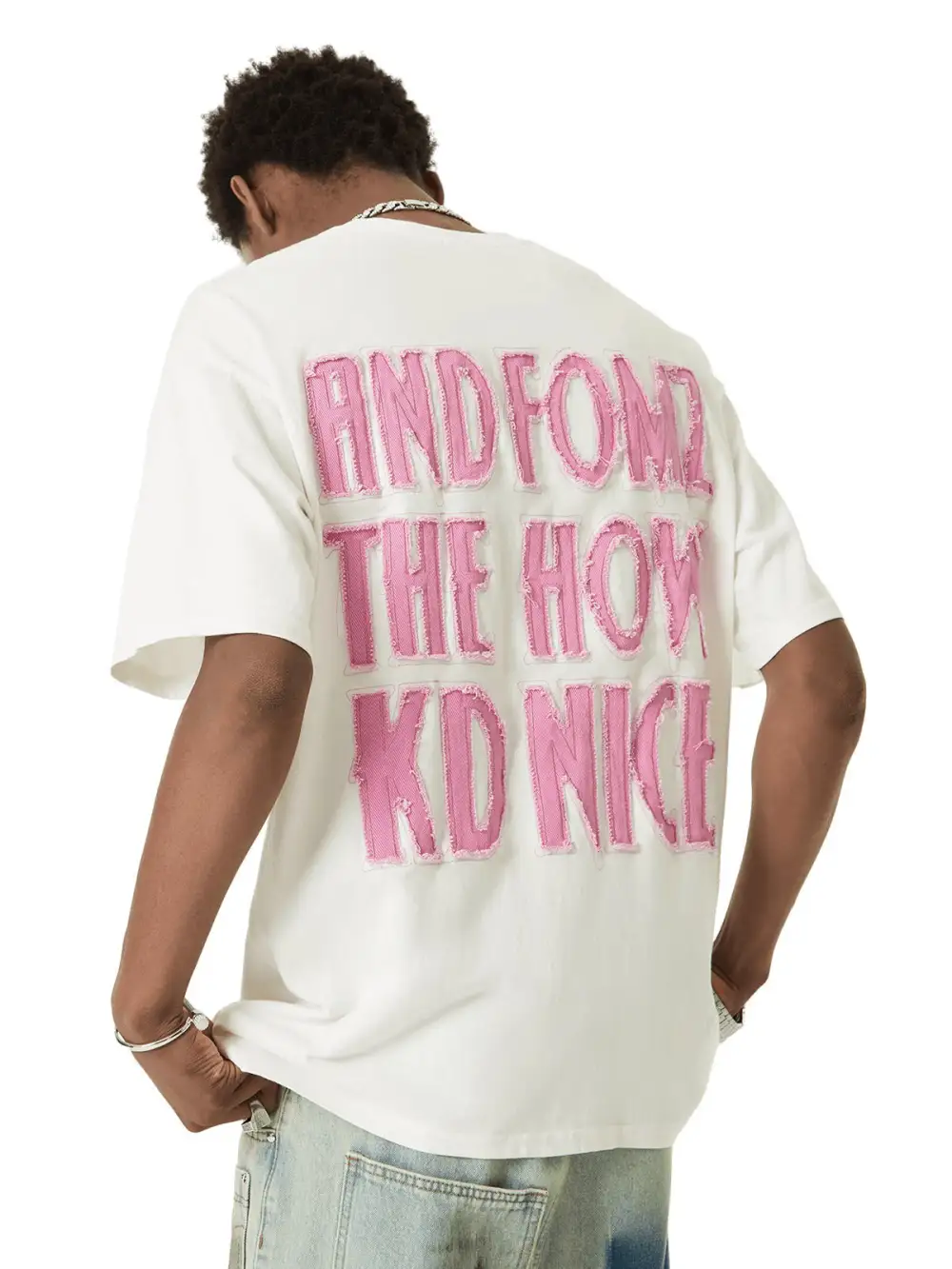 Pink Letter Applique Street Rap T-shirt - 2145