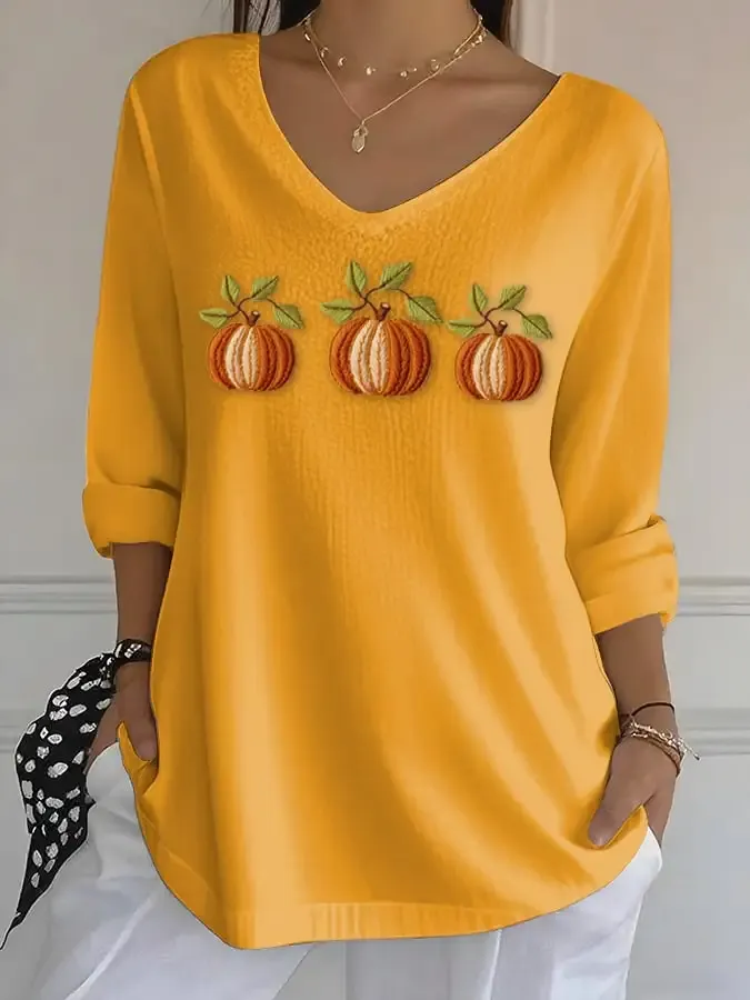 Women's Casual Autumn Pumpkin Bubble Ruffle Long Sleeve Top