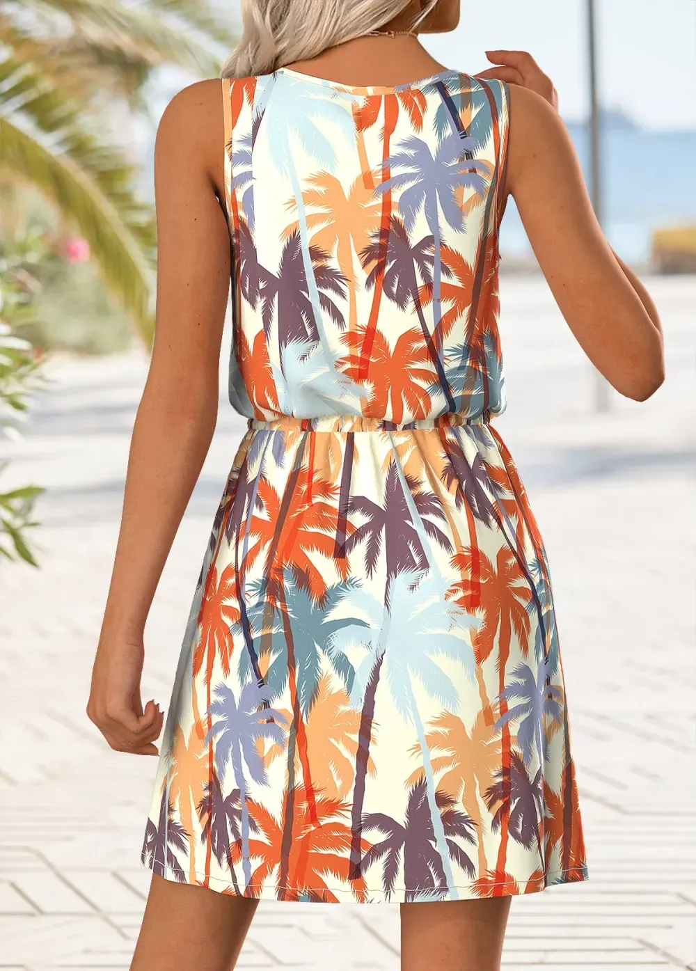 Multi Color Button Tropical Plants Print Short Strappy Dress