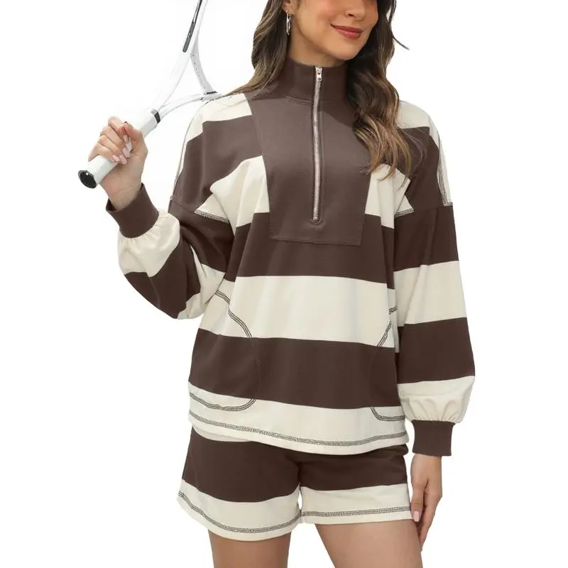 Women’s Striped Oversized Fleece Pullover – Cozy 1/4 Button Sweatshirt