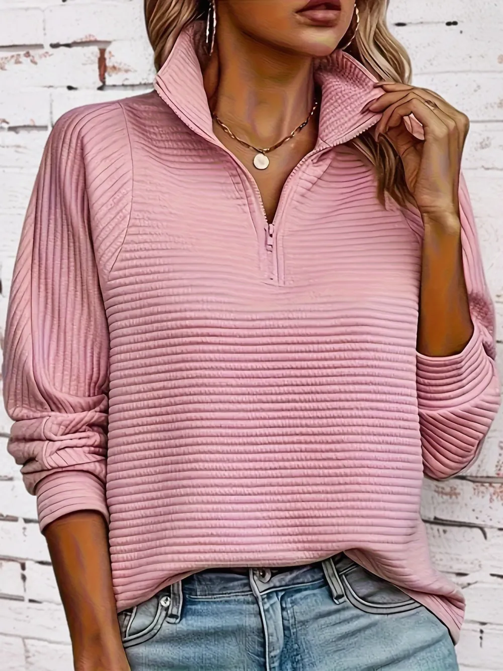 Long Sleeve Solid Color Funnel Neck Zipper Textured Sweatshirt - Soft Non-Stretch Polyester Fabric, Regular Fit, Half Placket, Casual Style for Spring and Fall