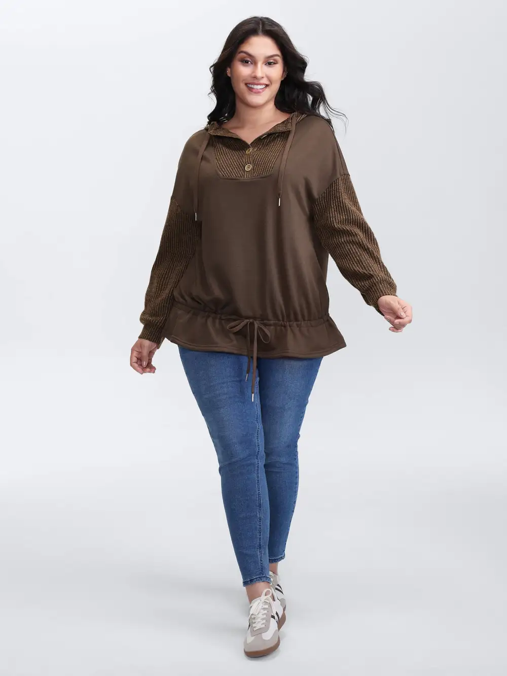 Drawstring Mixed Material Button Hoodie