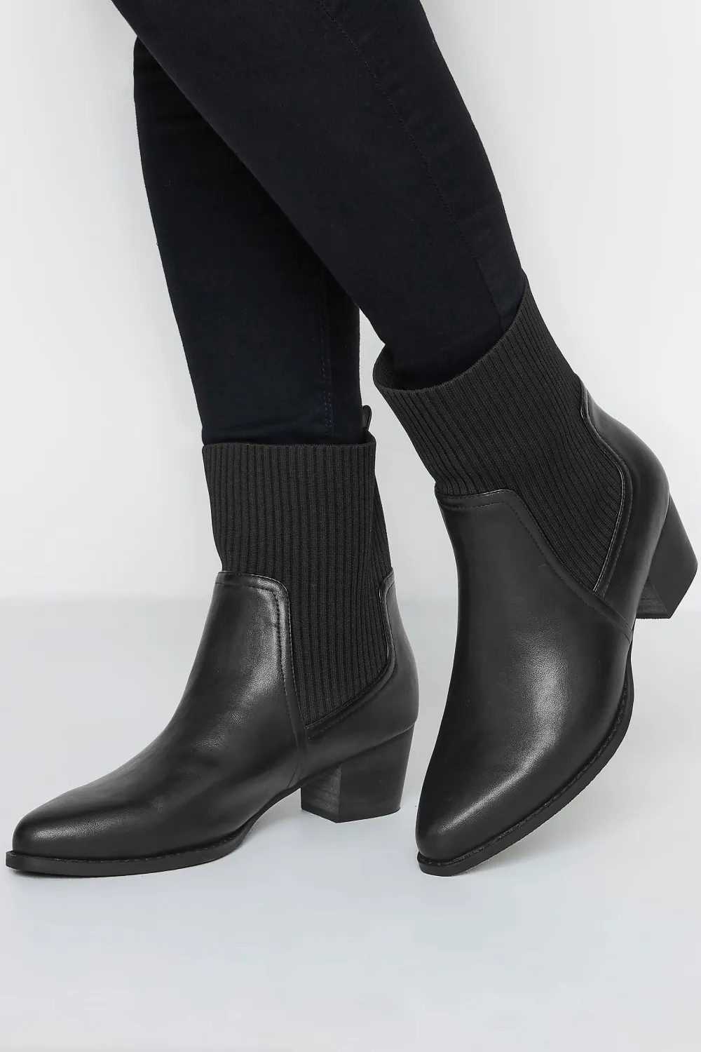 Yours Black Sock Top Line Western Boots In EEE Fit