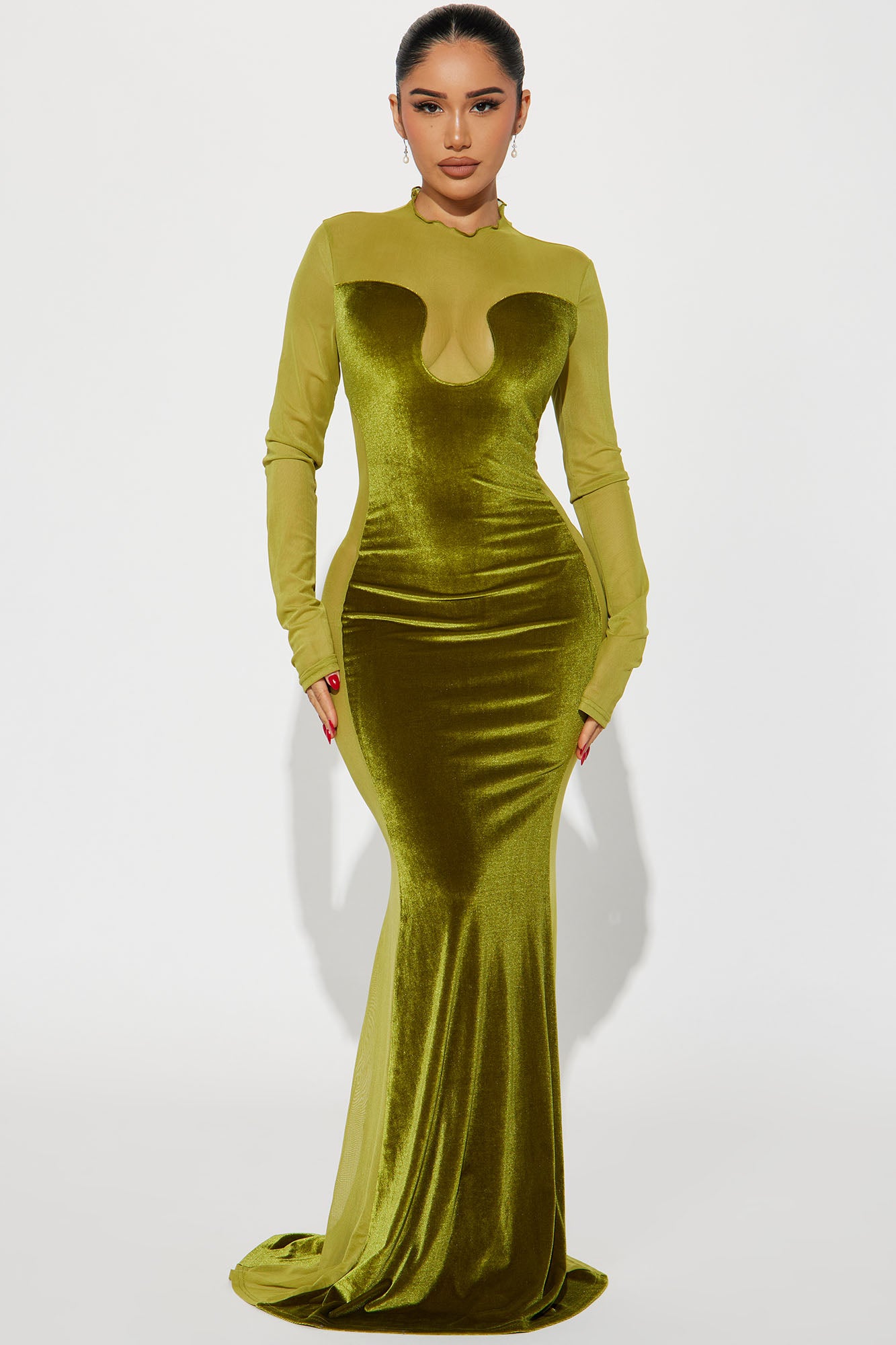Velvet Long Sleeve Maxi Dress - Chartreuse