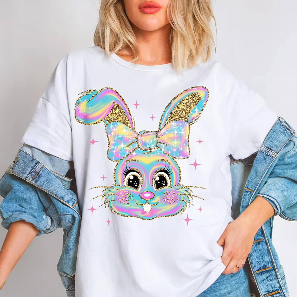 T-shirt Colorful Sequin Easter Bunny Women Printed Round Neck Short Sleeve