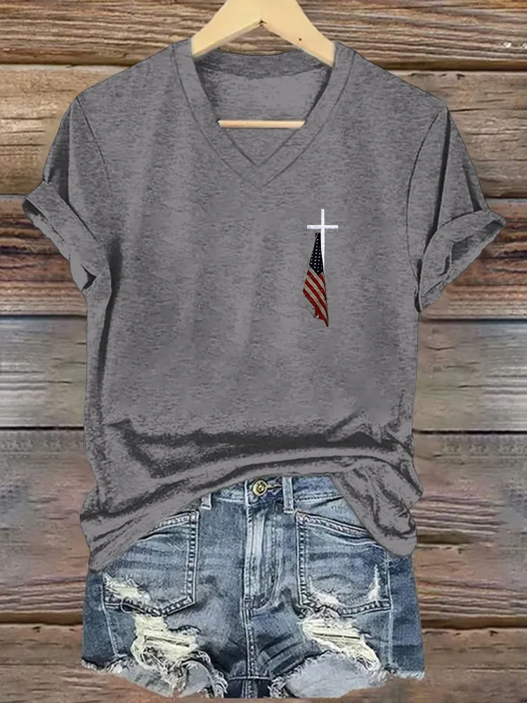 Women's  Faith And Flag Print Short Sleeve Round Neck Cotton T-Shirt
